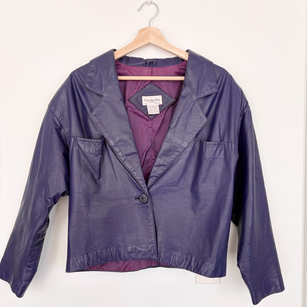 Christian Dior || Vintage Deep Purple Leather Jacket Cropped 1980s Size 4‎